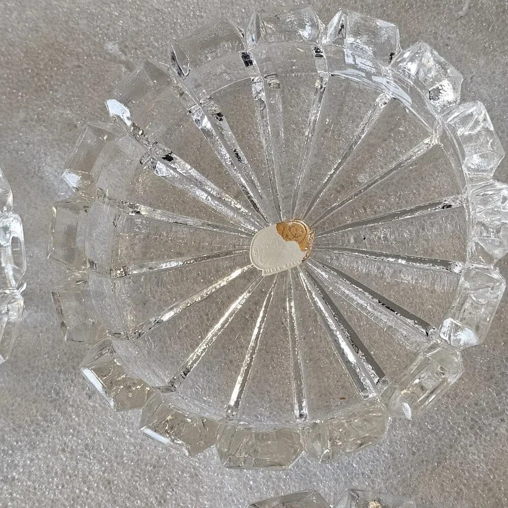 60s 6 Bolemia Czech Clear Cut Glass Ashtrays Trinket Dishes Coasters MCM Barware